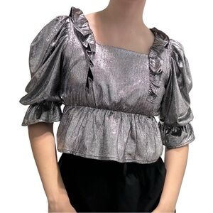 QUEEN OF SPARKLES Blouse Silver Metallic Ruffle Cropped Dainty Statement Small